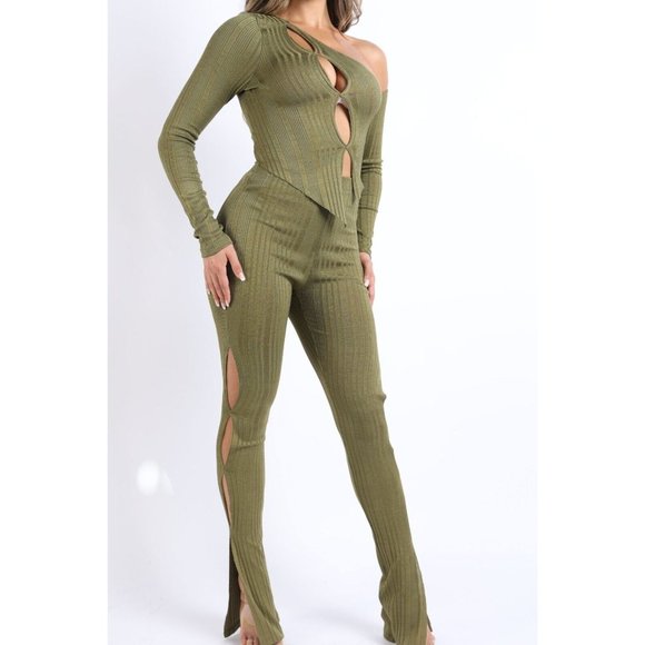 Women's Asymmetric One Shoulder Cutout Ribbed Top and Matching Flare Pants Set - Picture 7 of 8
